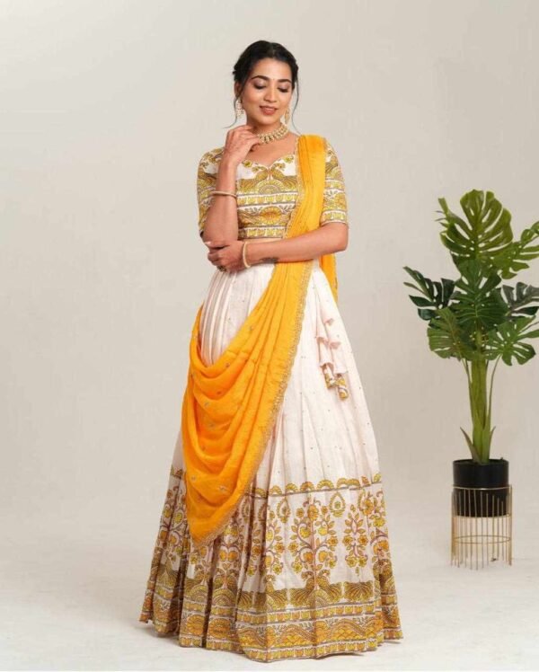PC 504 Yellow Kalamkari Print Cotton Lehenga