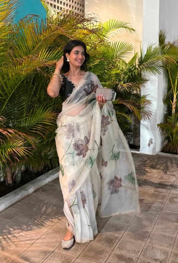 NC 5386 Soft Organza White Beautiful floral print Saree