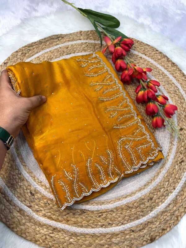 RC Yellow Fandy satin silk Saree